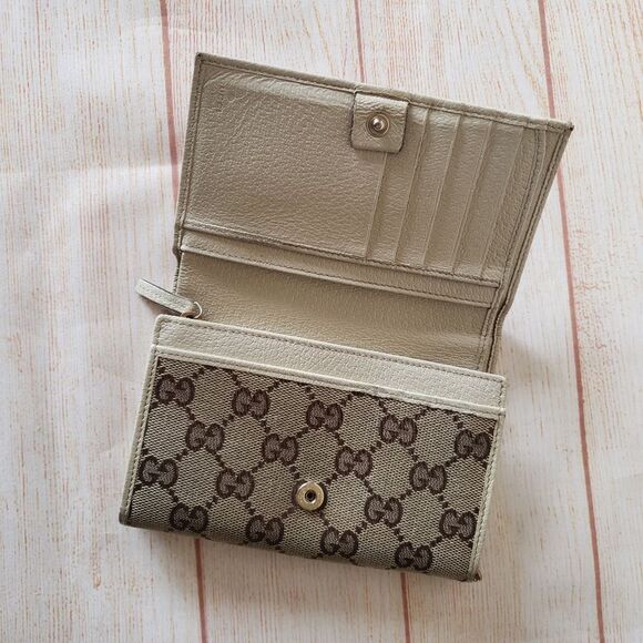 Authentic Gucci Signature Logo Fabric Leather Compact Bifold Wallet Unisex Box - Picture 7 of 16